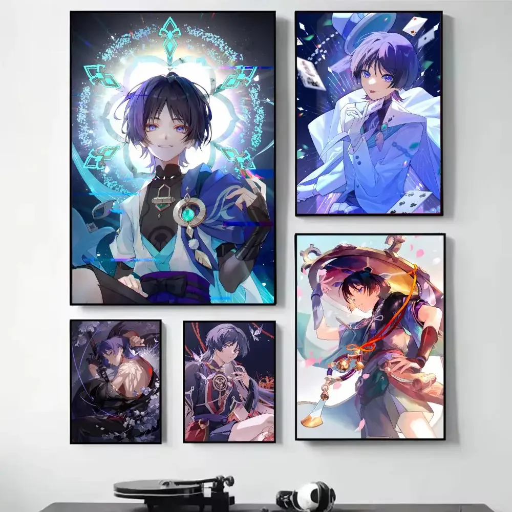Genshin Impact Wanderer Anime Painting Calligraphy Self Adhesive Wall Art Waterproof Print For Bedroom Hallway Home Decor