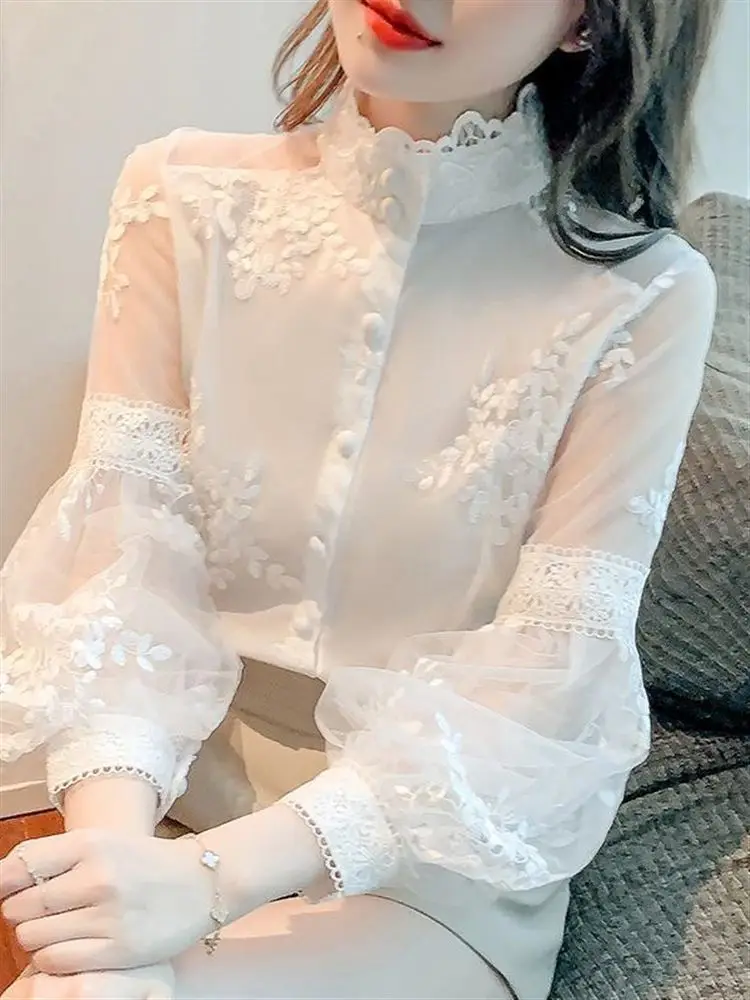 Lente 2024 Geborduurde Kanten Lantaarn Sve Dames irt Design Sensation Small ence Court Sle Long Sve Opstaande Kraag