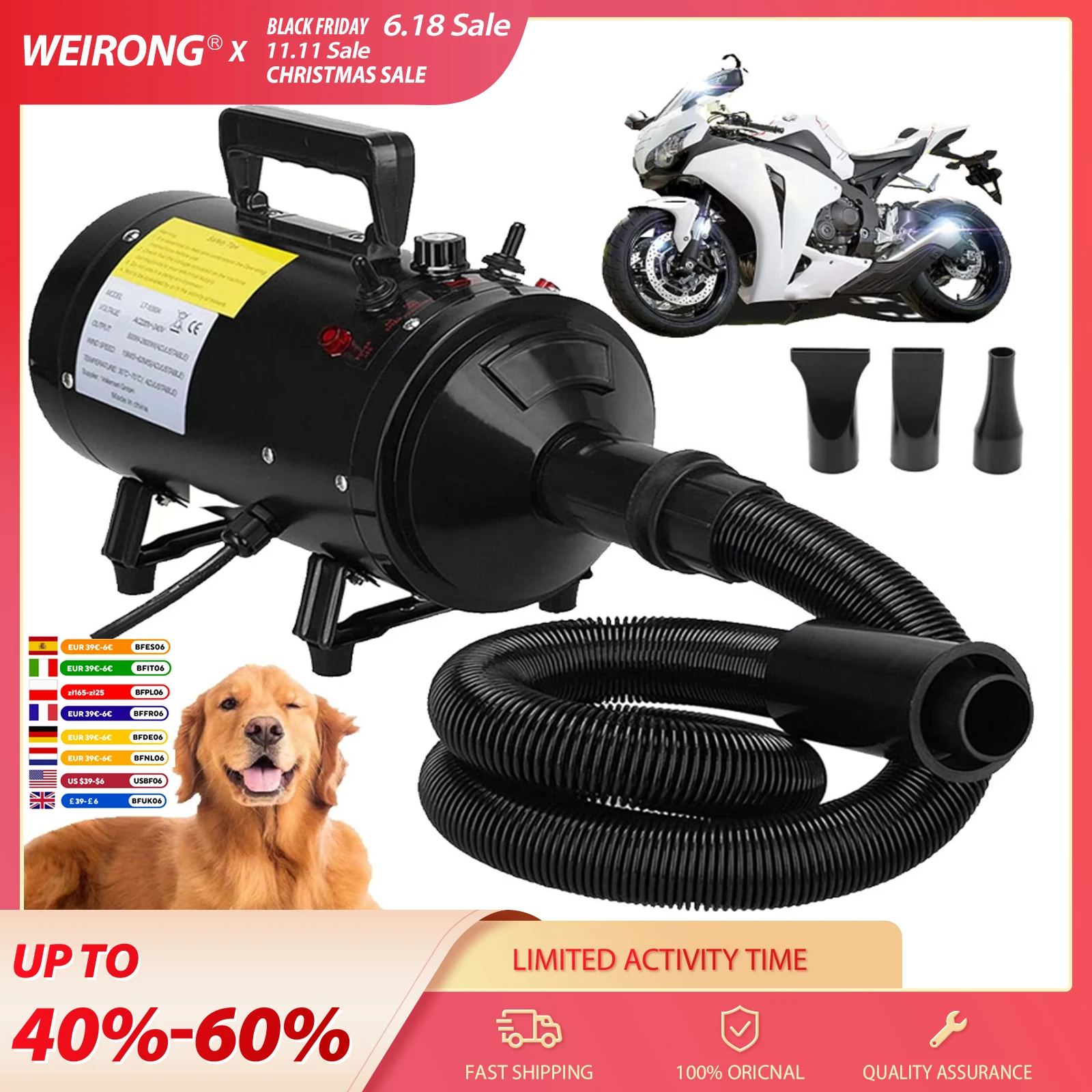 VickyHome 2800W Souffleur pourchien,Sèche-Cheveux pour Chien,Pulseur Chien Professionnel Séchoir Sèche-Poils Toilettage Sèche-Cheveux pour Chien Chat Animaux avec 4 Buses et Tuyau élastique de 2,3 m