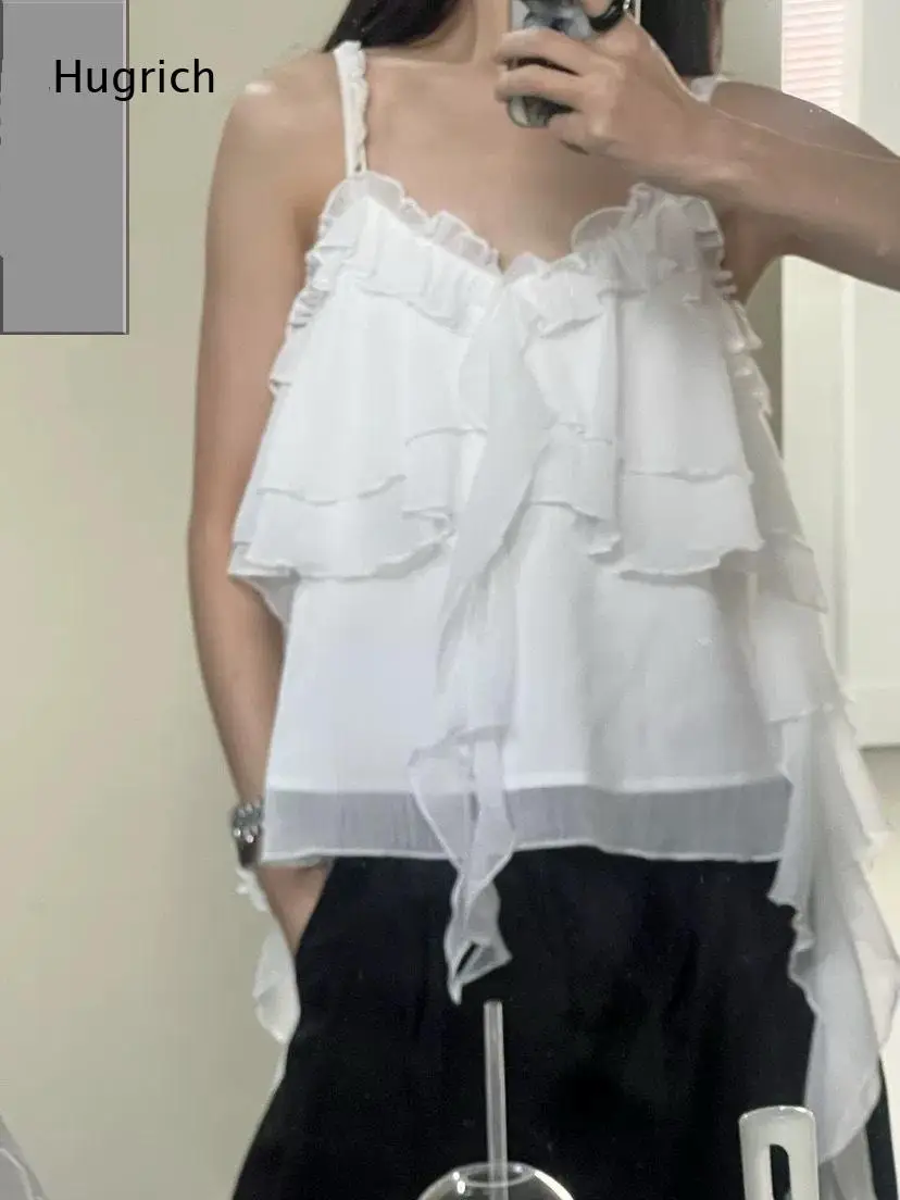 Multi-Layer Ruffle Top with Front Big Bow Decoration Irregular Trailing Hem Loose Flowy Chiffon Tank Top