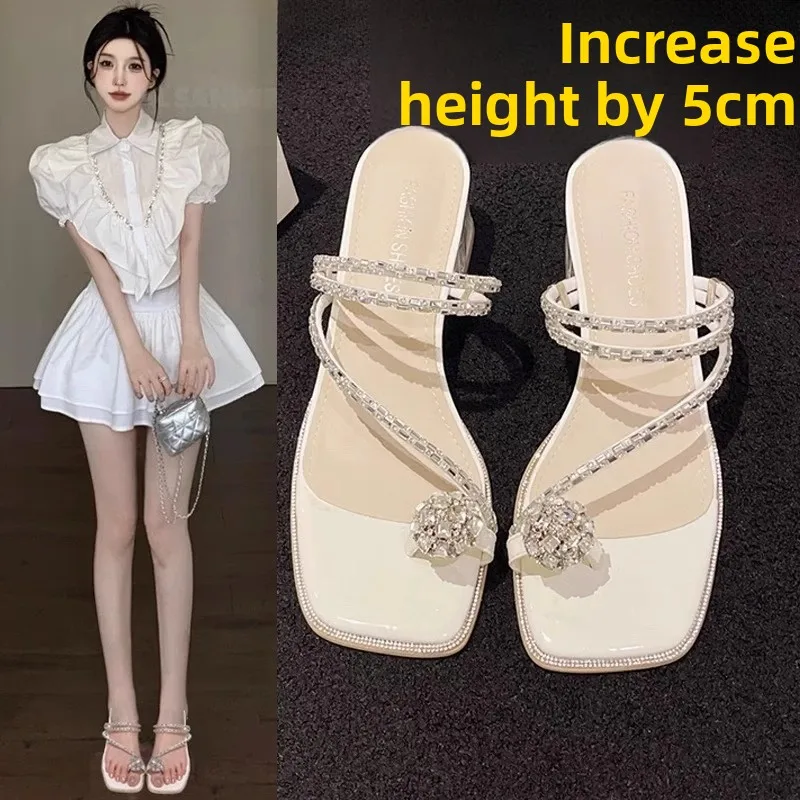 

Comfortable Mid Heel Slippers Women Summer French Thick Heel Sandals Pigeon Egg Rhinestone Square Toe Roman Slide Shoes