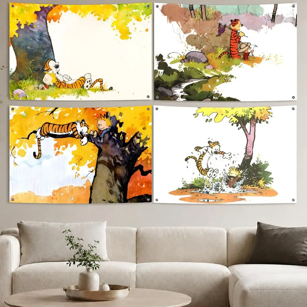 Character C-Calvin and Hobbes Flags Aesthetic Wall Tapestry Printed Wall Hanging Living Room Party Outdoor Decor