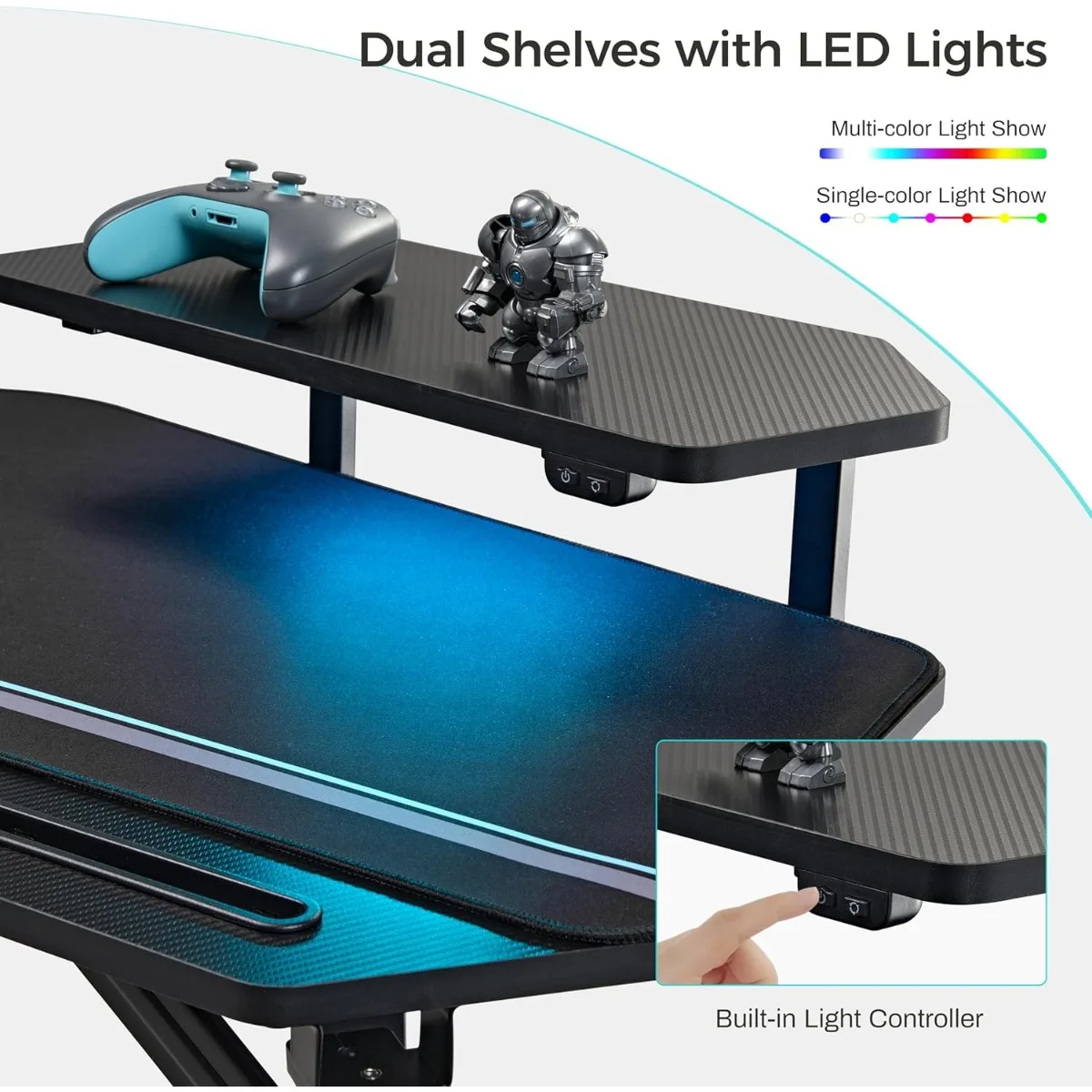 Escritorio ergonómico para juegos con luces Led, escritorio de estudio con forma de ala grande de 72 ", bandeja para teclado, mesa de ordenador con soporte Dual para Monitor