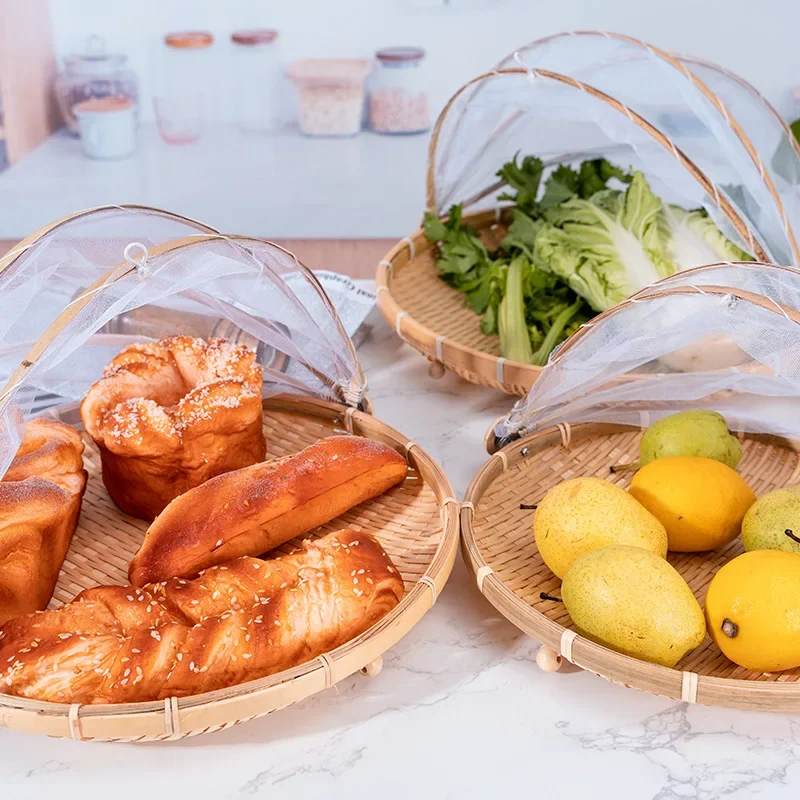 Hand-Woven Food Tent Basket Tray Vegetable Bread Fruit Container Net Mesh Cover Anti Bug Dust Proof Kithen Outdoor Picnic