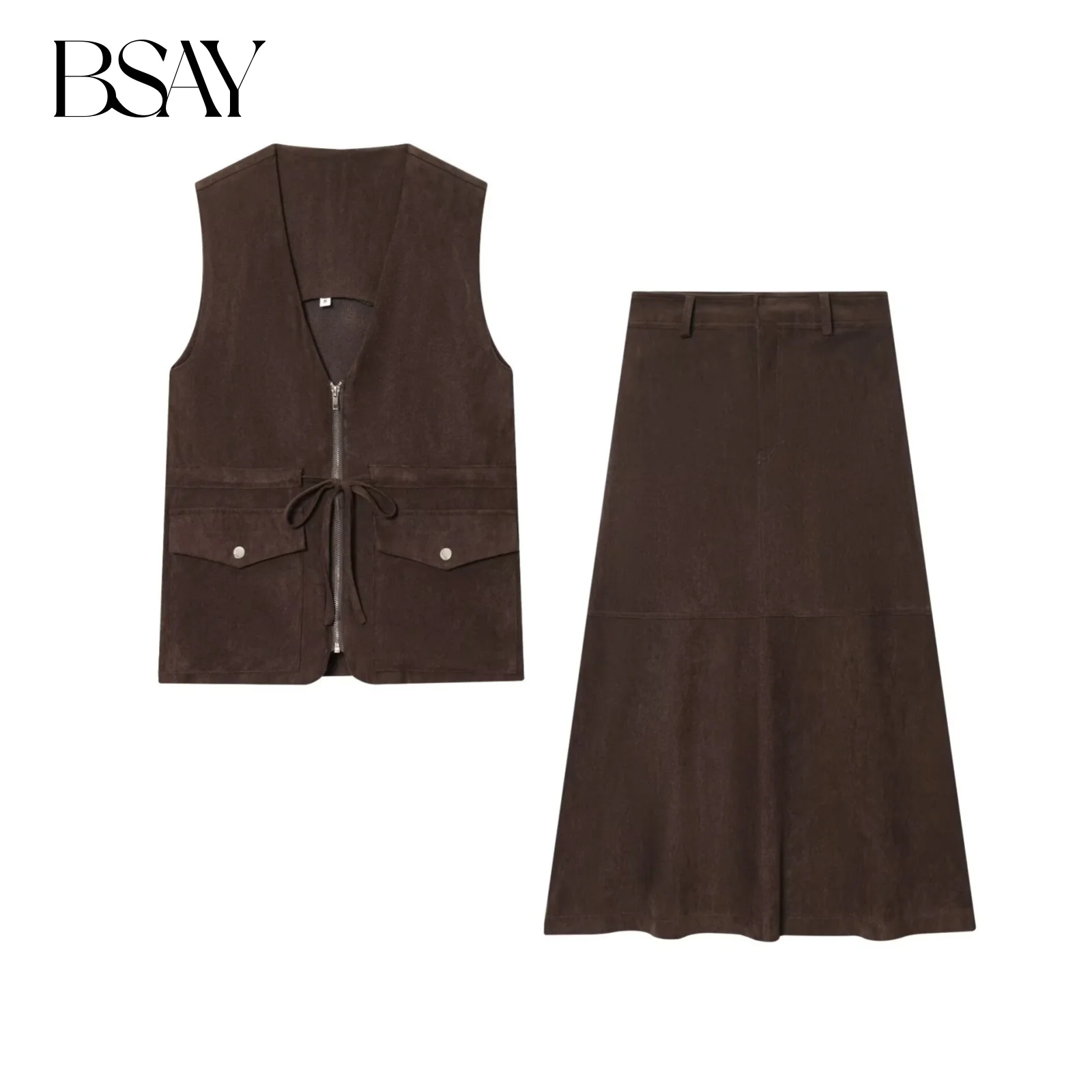 BSAY Wildleder Textur Rock Set 2 stücke anzug 2025 Herbst Neue Bogen Ärmellose Jacke Tank Top oder Hohe Taille A-line Midi rock mujer