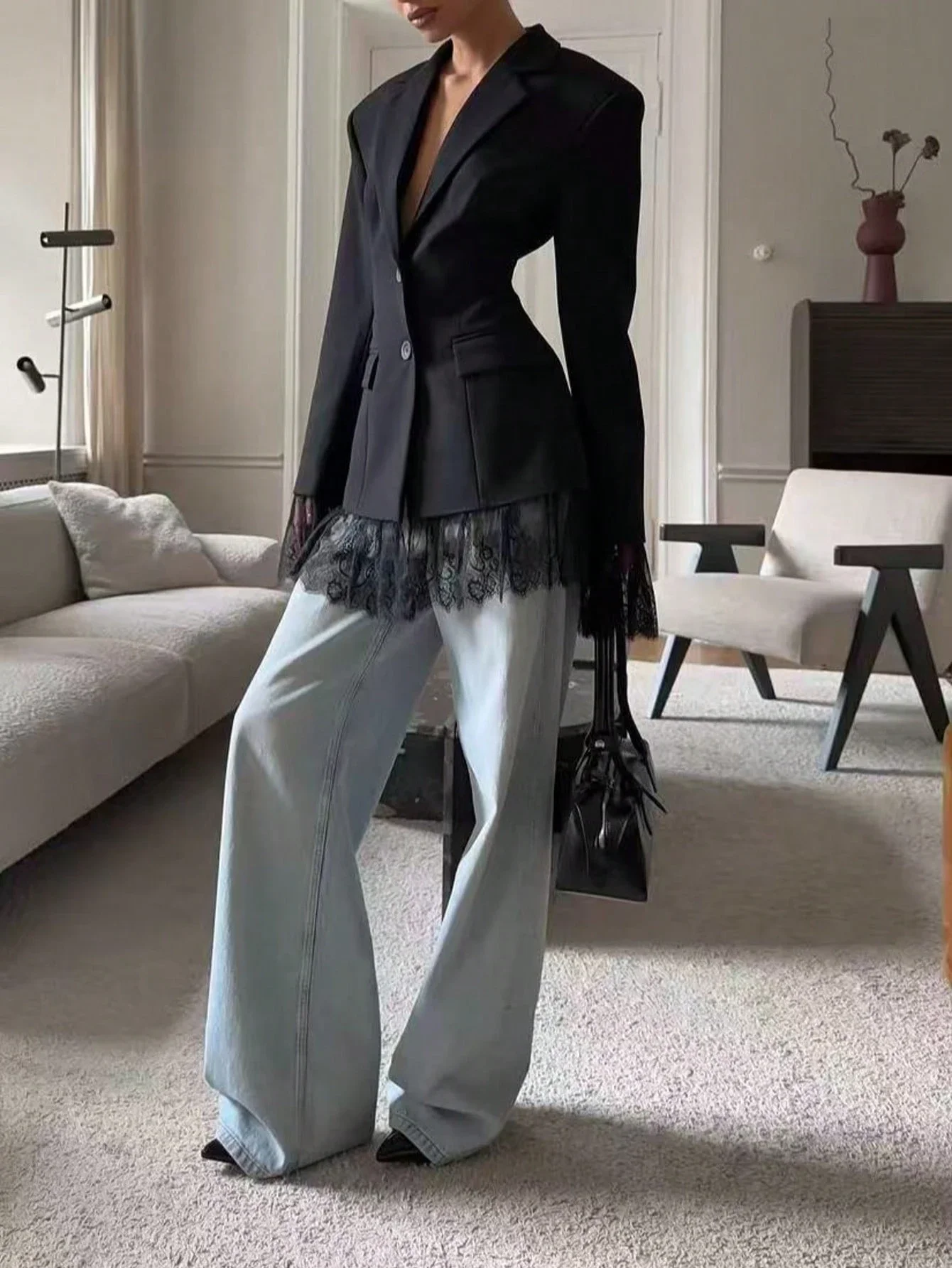 

Women's Black Solid Lace Patchwork Blazer Jacket With Button Closure