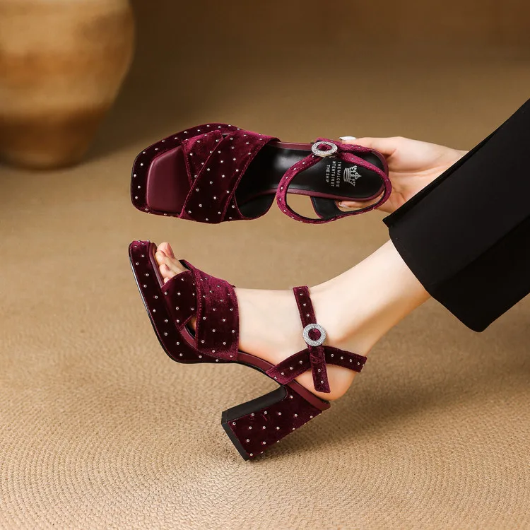 صنادل ذات كعب مكتنز من المخمل، تصميم مرصع، زيادة الارتفاع للنساء #4