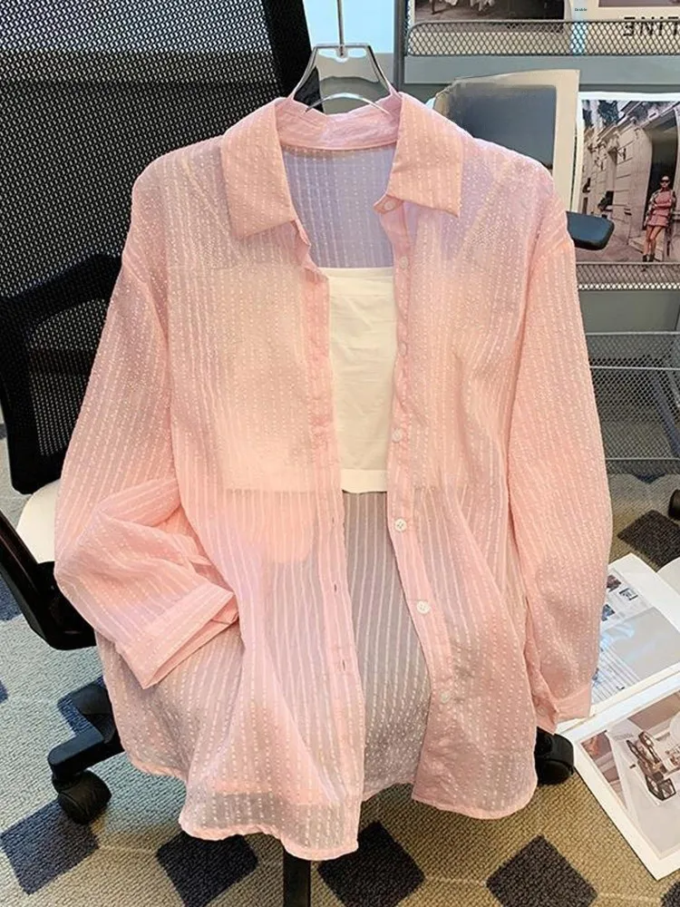

Pink Striped Women's Summer Lightweight Ice Silk Sun Protection irt Sli Beautiful Top Korean Sle Loose Fit Button Detail