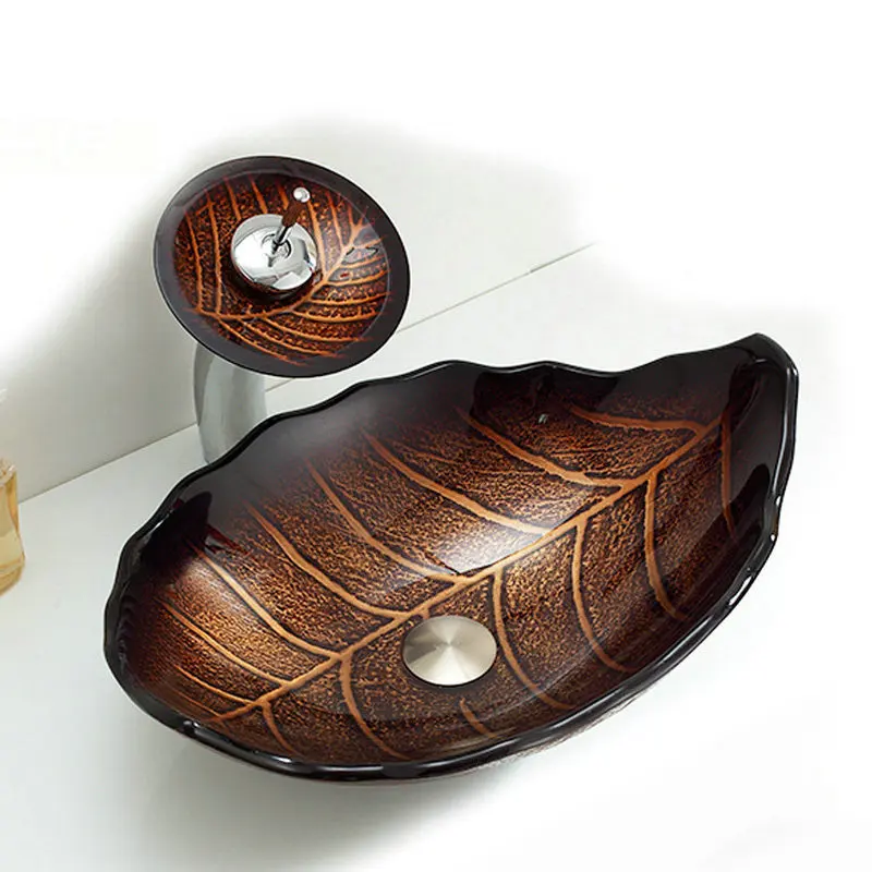 Creative colored leaf shaped countertop basin, Nordic tempered glass countertop basin, light luxury retro art washbasin GN098LE