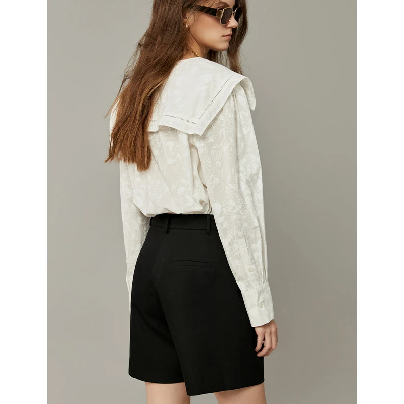 Długi rękaw, bawełniana bluzka wyszczuplająca z granatowym kołnierzykiem, plisowana, zapinana na jeden guzik, koreańska elegancka bluzka jedwabna do pracy dla kobiet.