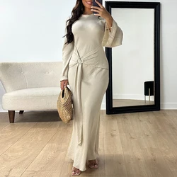 New Women O Neck Lace Up Slim Robe Dress Casual Multi-color Long Sleeved Party Dress Elegant High Waist Commuting Dress Vestidos