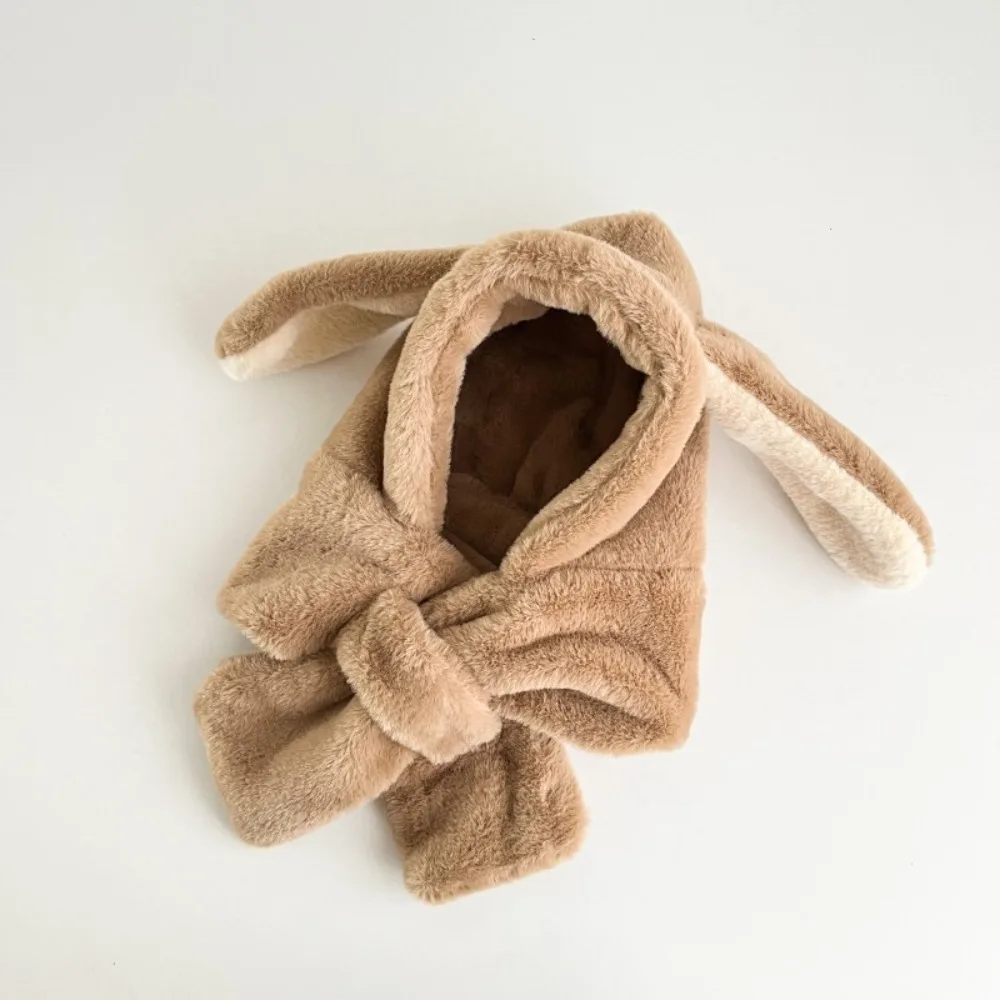 

Cartoon Rabbit Ears Winter Baby Hat Scarf Plush Windproof Kids Hat Hooded Scarf Thick Warm Neck Protection One-Piece Beanies Cap