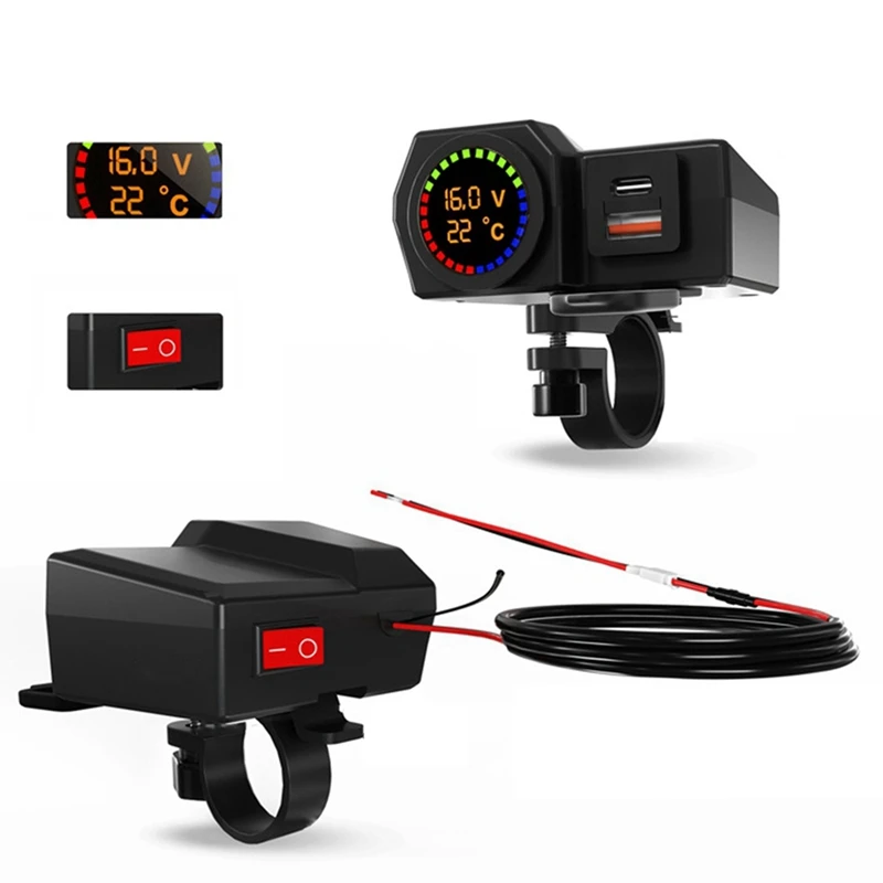 USB Socket Motorcycle Handlebar & Rear Mirror Waterproof Fast Charger Phone Power Adapter Digital Voltmeter Thermometer