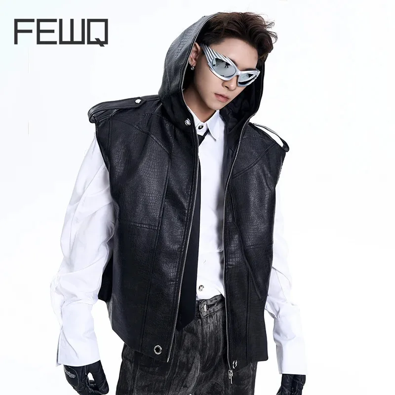 

FEWQ Men's Niche Deconstruction Hooded Vest Jacket Highend Versatile Sleeveless 2024 Solid Color Darkwear Male Tops 24E2183