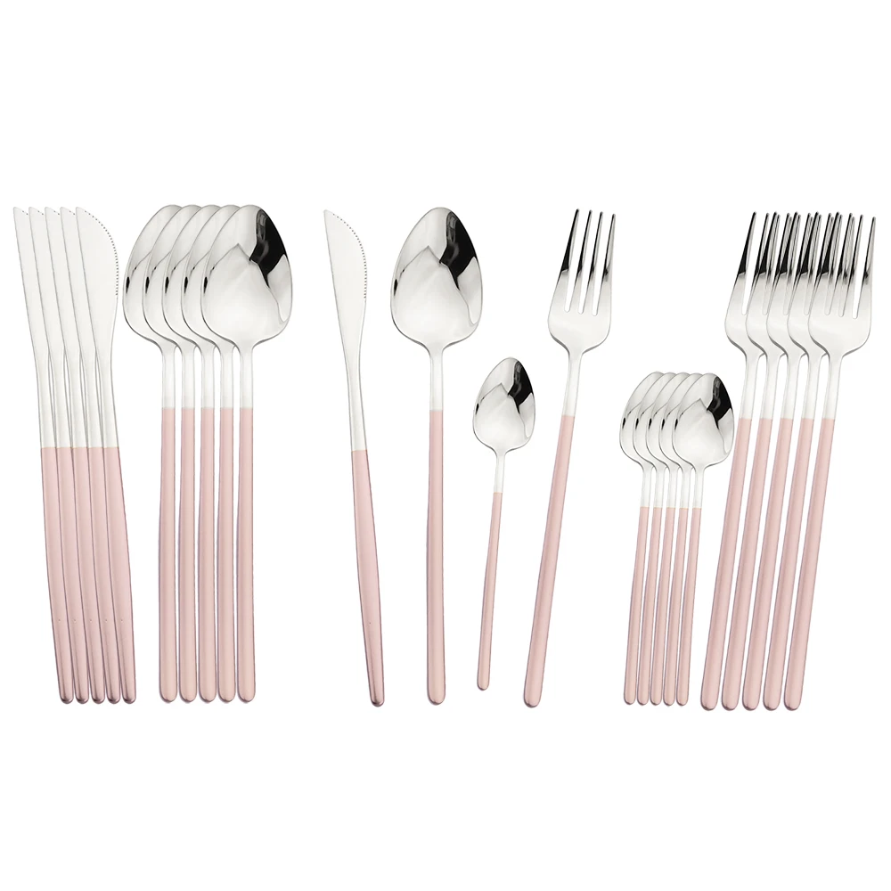 304 Stainless Steel Dinnerware Set Mirror Pink Silver Cutlery Fork Spoon Knife Flatware Home Hotel Tableware Set Western Kitchen