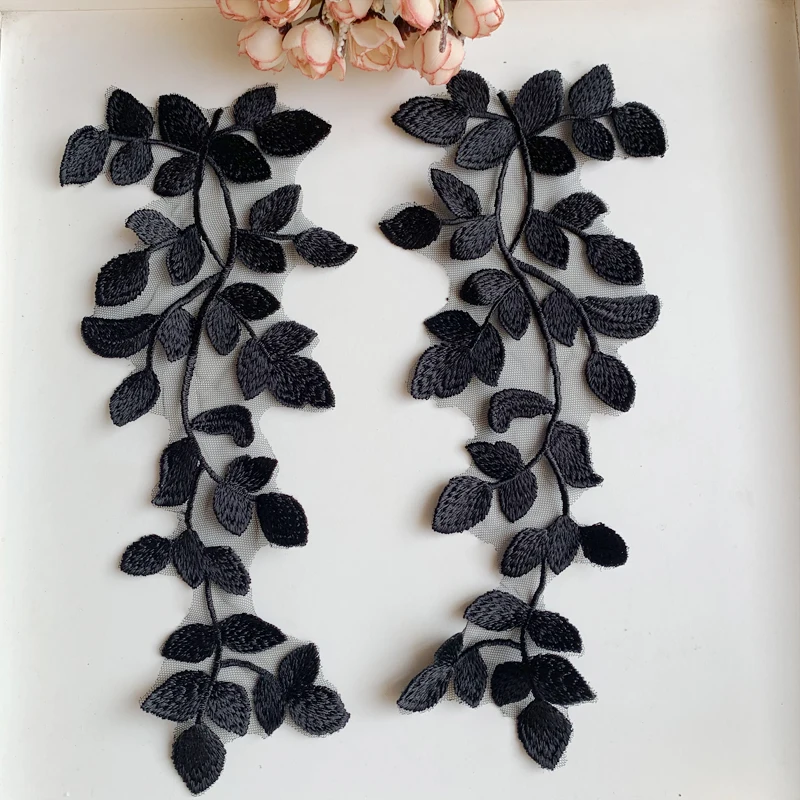 Baumblatt-Stickerei-Spitze mit verspiegelten Blumenapplikationen, Schwarz-Weiß-Farbe, Rayon-Material, zartes Material, 10 Stück, 5 Stück – Detail 3