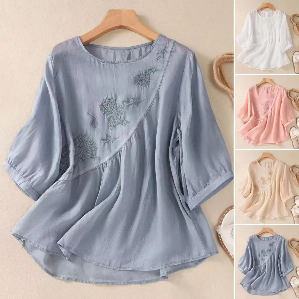 

Embroidered Blouse Embroidered Flower Pattern Women's Casual Shirt Stylish Three-quarter Sleeve Top with Asymmetric Hem Loose