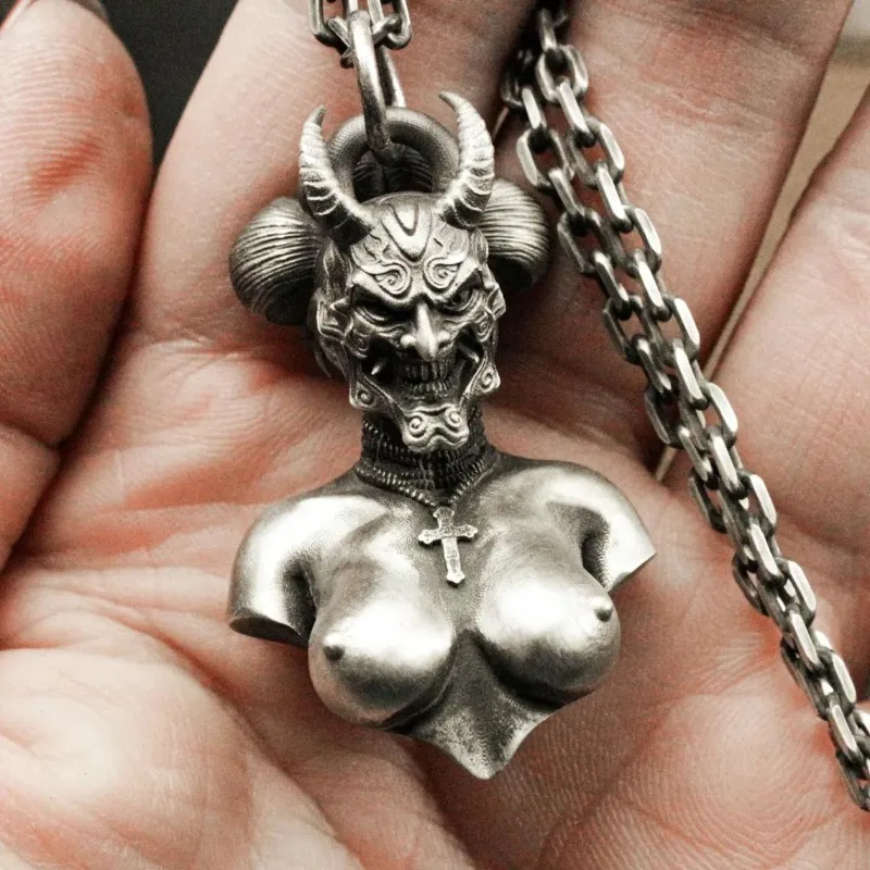Men Gothic Punk Demon Pendant Necklace Personality Metal Chain Neckwear Dark Style Fashion Jewelry Gift for Male