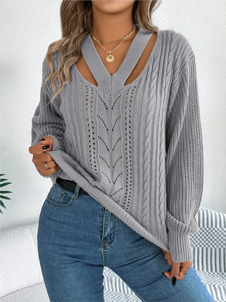 Autumn Leisure Hollow Out V-neck Fried Dough Twists Lantern Sleeve Pullover Sweater Womens Solid Colo Long Sleeve Sweater