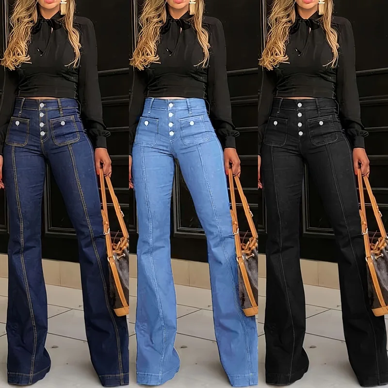 American Retro Slim Fit Denim Jeans Women's Spring Summer New Elastic Flared Pants Casual Female High-waisted Buckles Jeans