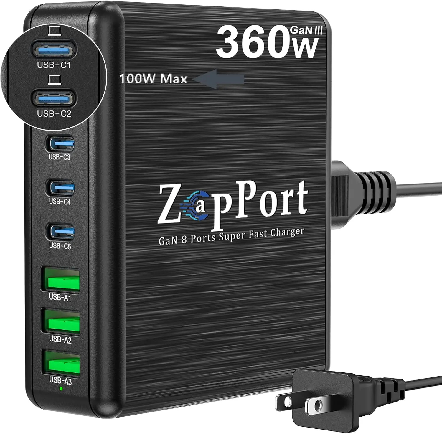 360W USB-C Charging Station with 8 Ports, Fast PD 100W GaN Charger for Laptops, Tablets, and Phones