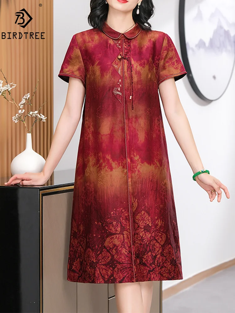 BirdTree, Red Watered Gauze, 100%Real Silk Elegant Dresses, Women Short Sleeve Printed, Loose Chinese Mom Dress, Summer D44840QM