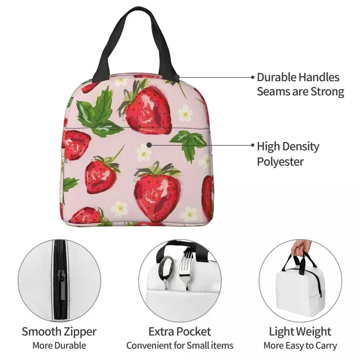 Strawberry Botanical Insulated Lunch Bags High Capacity Cute Cartoon Fruit Reusable Thermal Bag Tote Lunch Box Travel Girl Boy