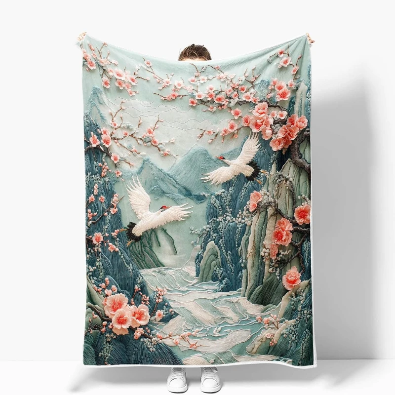 Embroidery Style Red Plum Red-crowned Crane Mountain River Pattern Flannel Blanket for Bedroom Sofa Travel Home Warm Decoration