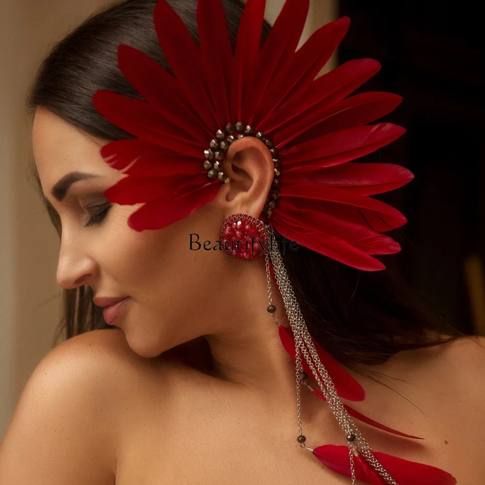 European and American design sense red feather earrings masquerade ball exaggerated fringed earrings personality