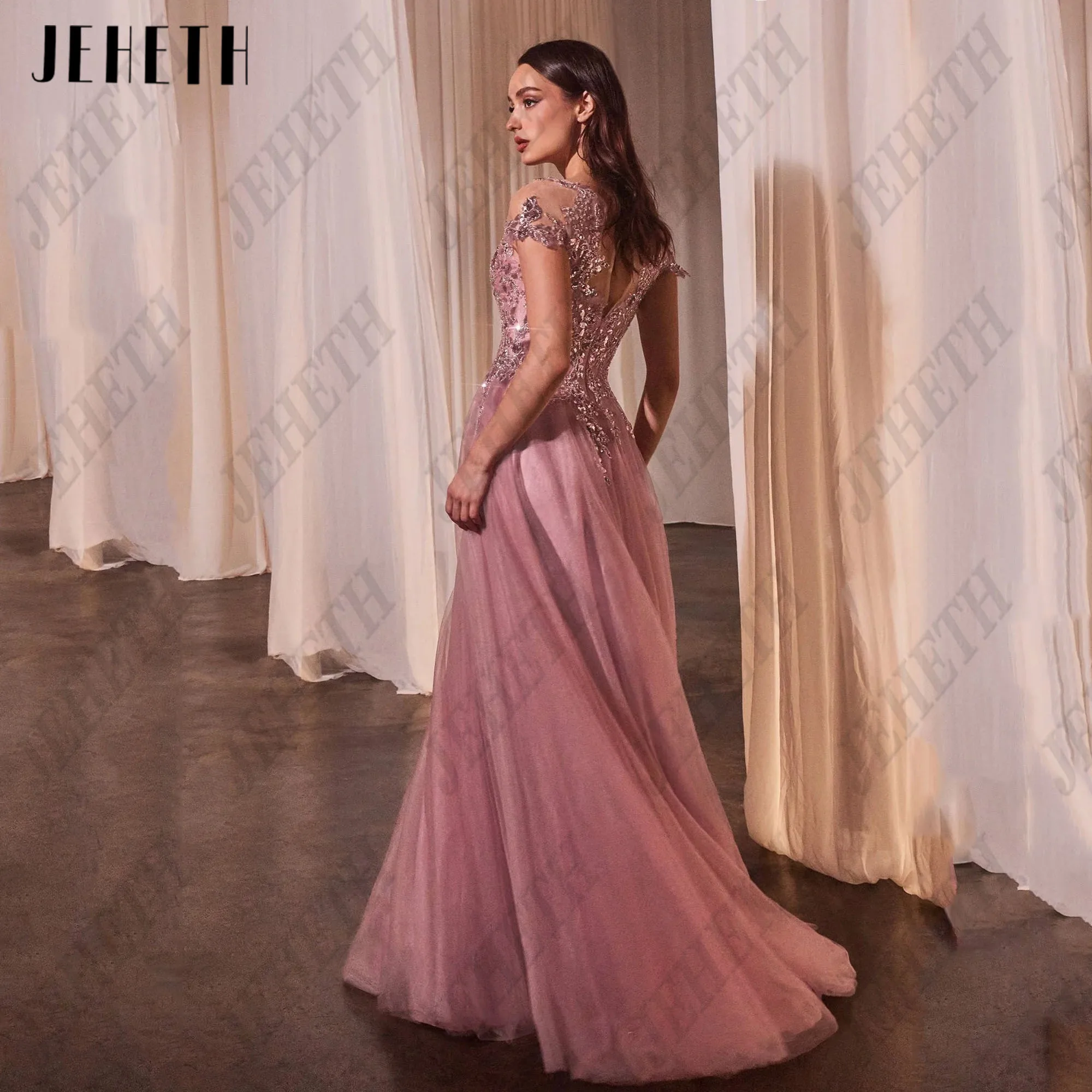 Jeheth A-Linie lange Ballkleider o Hals Kurzarm Tüll bestickte Spitze Homecoming Party kleid Abendkleid angepasstJEHETH A-Linie Lange Prom Kleider O-Ausschnitt Kurzarm Tüll Bestickte Spitze Homecoming Party Kleid Abend – Detail 8