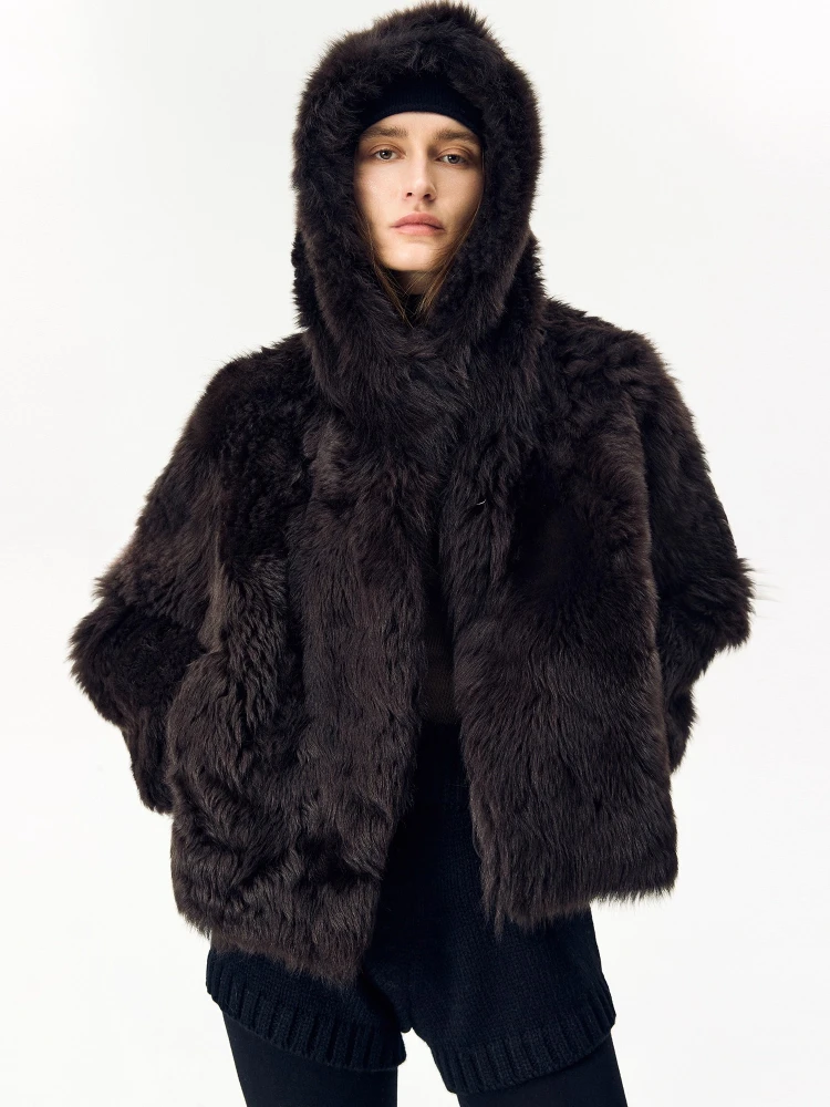 

High-end Luxury Toscana Lamb Fur Hooded Plush Jackets for Women Simple Fluffy Warm Short Winter Genuine Leather Real Fur Coat