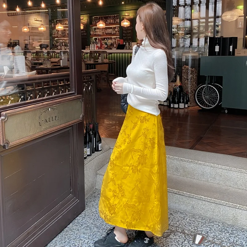 

Yellow A-Line Midi Skirt Women's Slim Fit Floral Embroidery Casual Chinese Sle f-length Skirt Knee-length Skirt