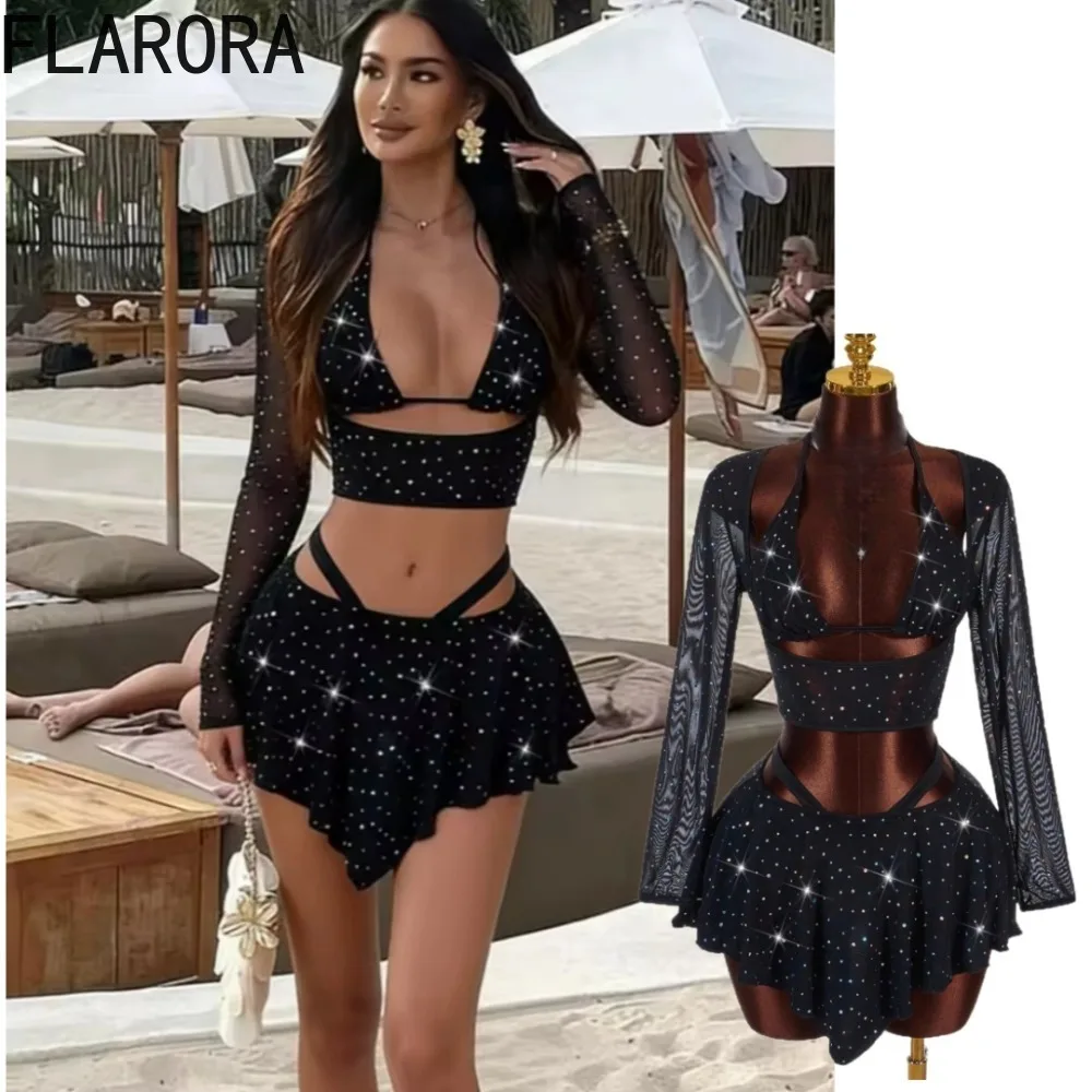 

FLARORA Sexy Sequin Applique 2 Piece Sets Woman Hollow Mesh Patchwork Bandage Crop Tops And Skirts Beach Vacation Party Clubwear