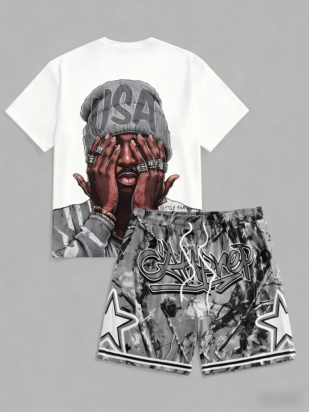 Men's Summer Fashion Figure Letter Print Micro Elastic Breathable Round Neck T-shirt Drawstring Shorts Set Outdoor Streetwear