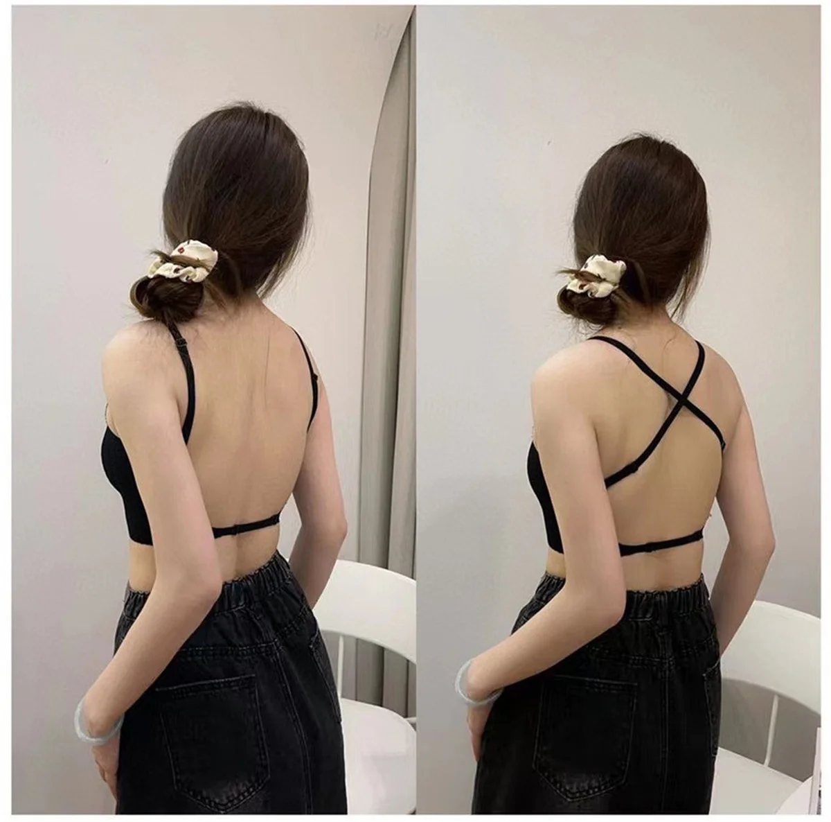 Japanese Simplicity Style Backless Girls Bra Summer Thin Grid Cross Bandages Bralette Solid Color Puberty Soft Women Underwear