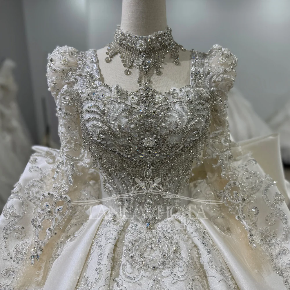 Customizable Square Collar Wedding Dress Long Sleeves Bow Beaded Sequined Design Lace Up Back Bridal Gown