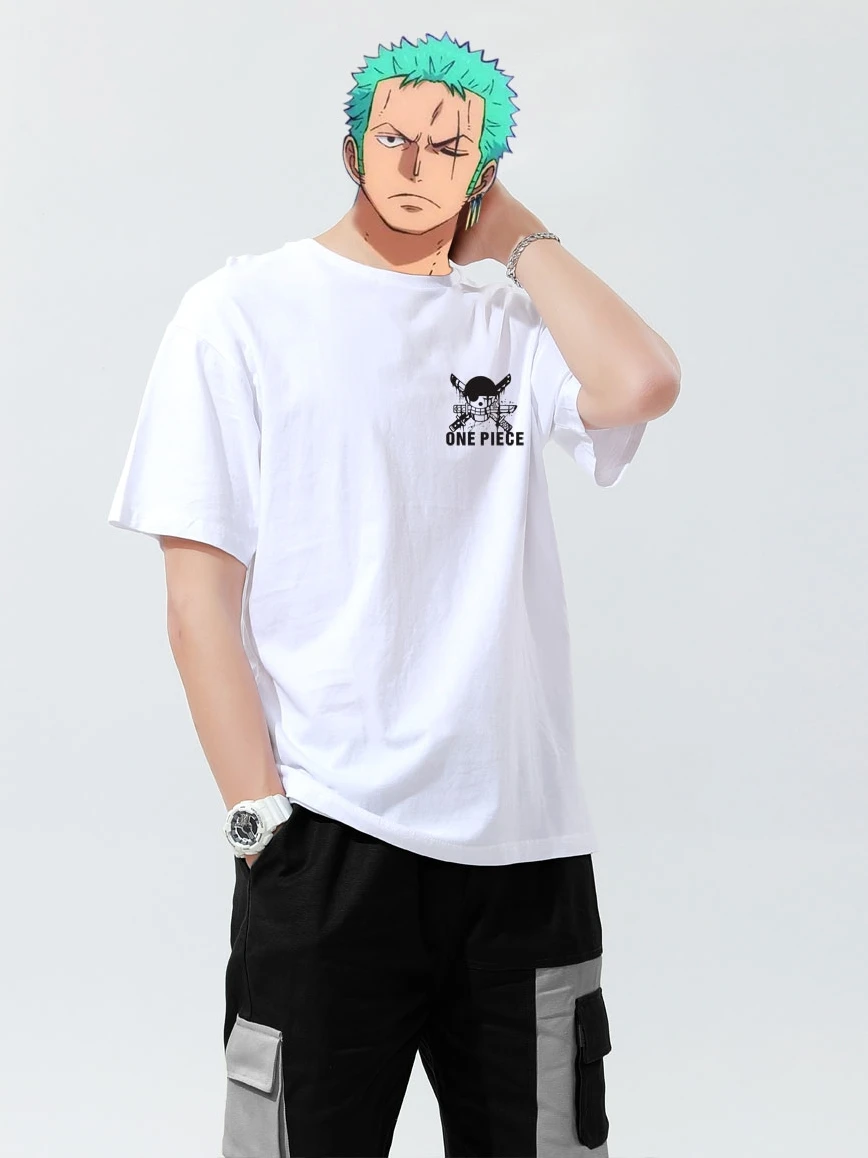 Camiseta de una pieza de algodón pesado, marca japonesa de moda, animación Ronoya Sauron, patrón periférico, mangas cortas holgadas