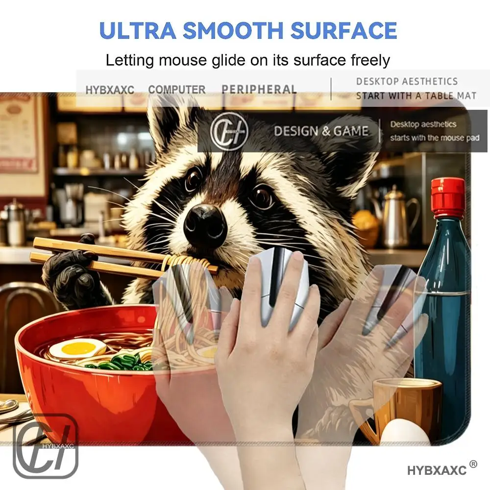 HYBXAXC Cute Raccoon Eating Ramen Mouse Pad Non-Slip Waterproof Desk for Gamers Extended Gaming Pad with Funny Cartoon Design