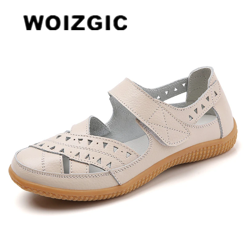 WOIZGIC kadın kadın anne hakiki deri içi boş beyaz ayakkabı sandalet Flats loafer\'lar yaz serin plaj artı boyutu 41 42