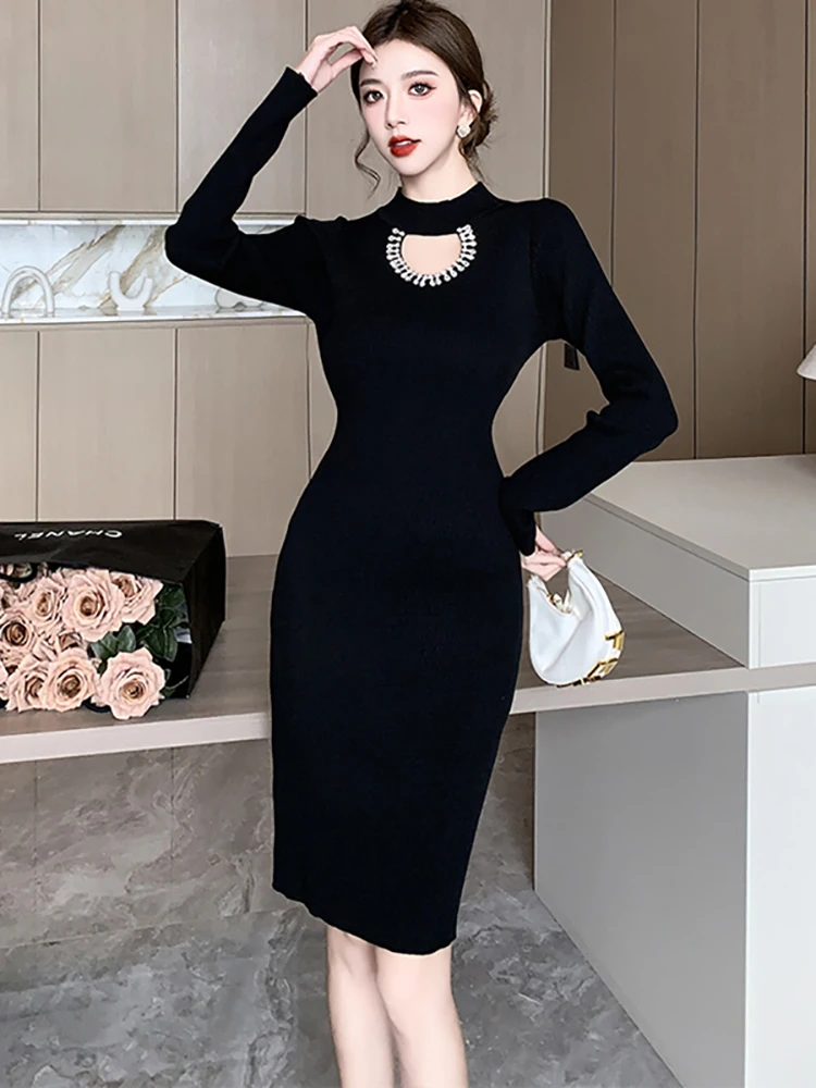 Herbst Winter Schwarz Gestrickte Diamanten Aushöhlen Sexy Midi Kleid Frauen Elegante Luxus Pullover Kleid 2025, Koreanische Bodycon Vestidos
