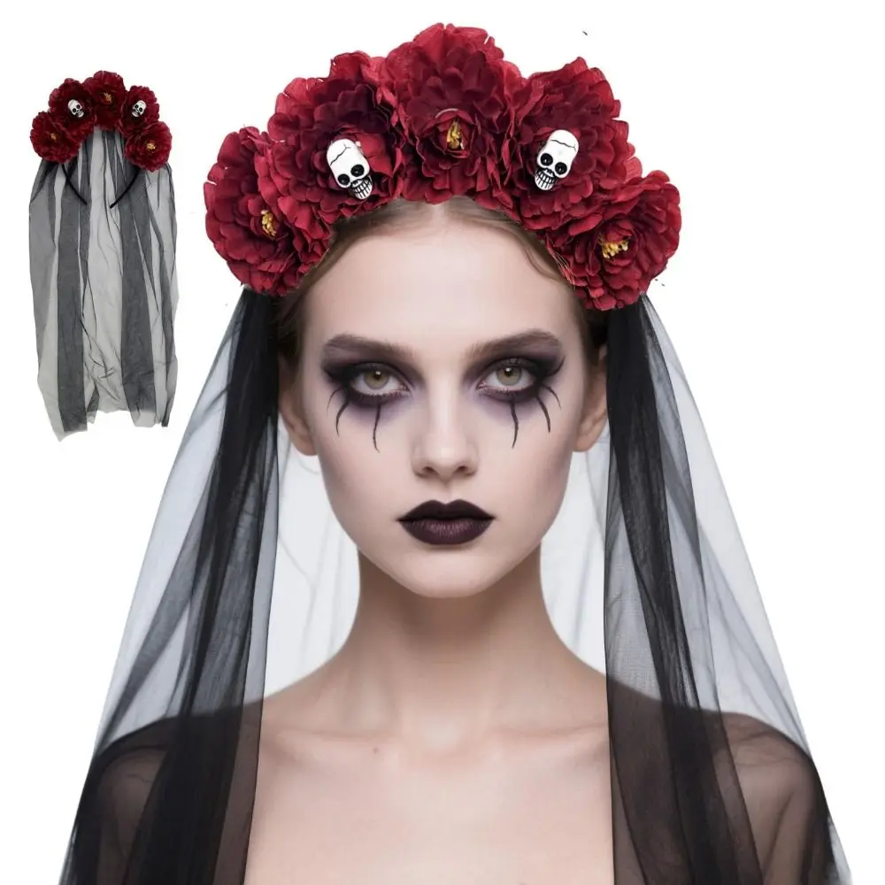

Long Ribbon Veil Halloween Hair Band Skull Design Girls Day of The Dead Flowers Headdress Black Veil Red Rose Gothic Head Hoop