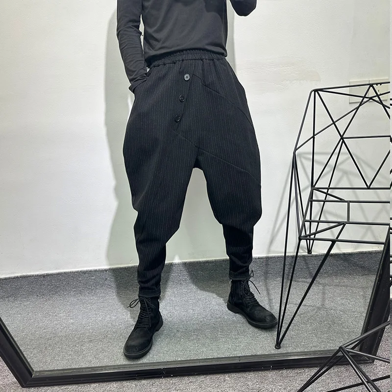 

Fashionable Design Dark Striped Loose Bloomers Pu Handsome Retro Non-Ironing Stretch Ankle-Tied Pants