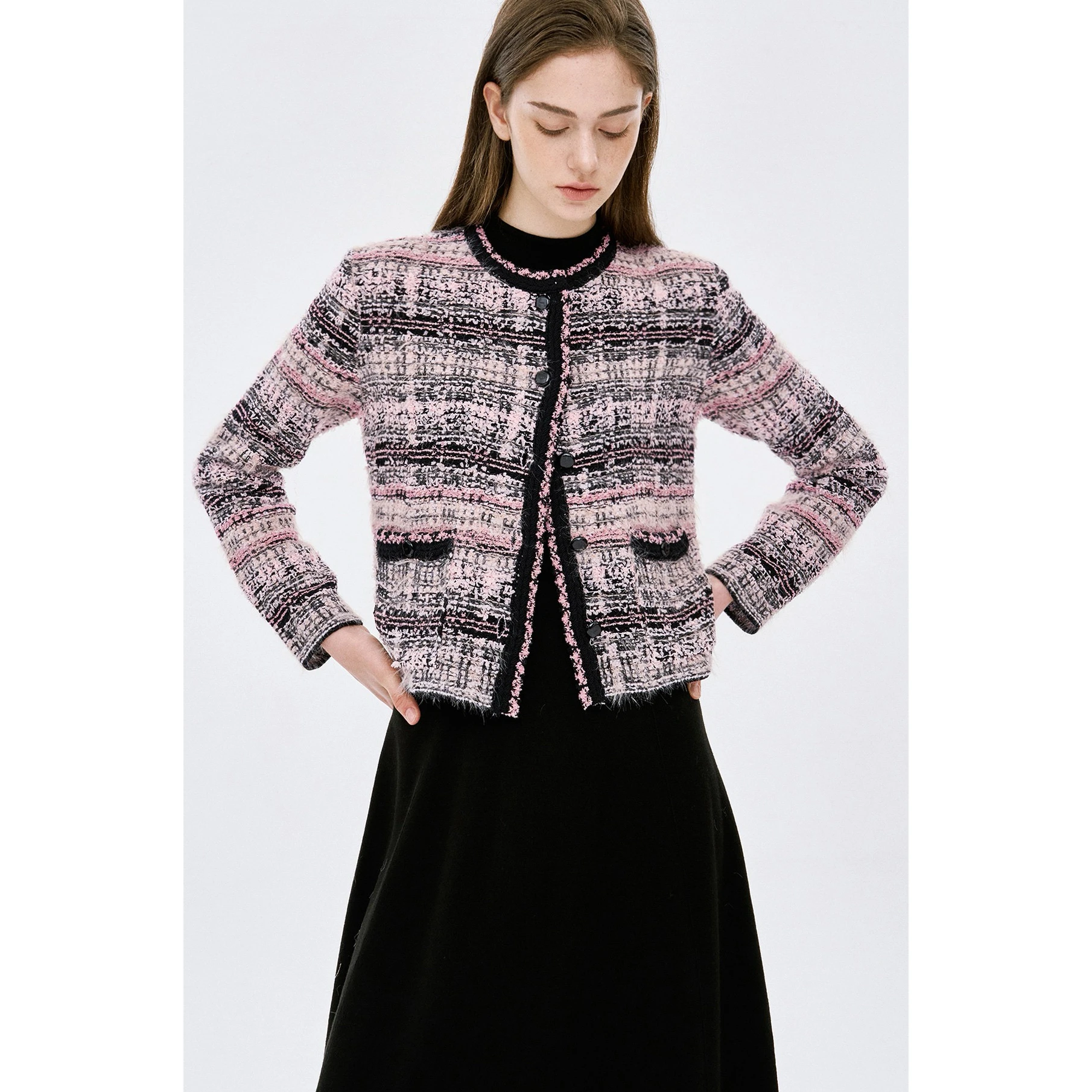 Elegant round Neck Knitted Outerwear Lemon Cheese TIM26 Autumn Retro Striped Mixed Yarn Versatile Short Shirt Women's Fashion