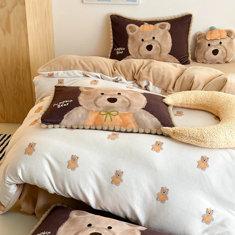 Winter Thicken Cartoon Children's Milk Velvet Four Piece Set Soft Comfortable Plush Bed Sheets Duvet Covers Warm Four Piece Sets