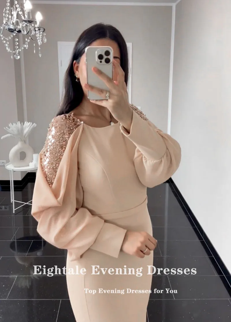 Eightale-vestido De Noche De gasa con cuello redondo, manga larga, Formal, brillante, estilo árabe, sirena, para fiesta De graduación