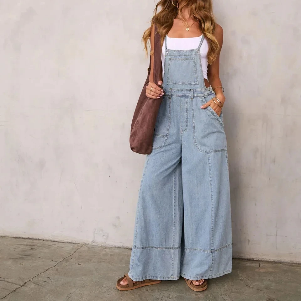 

2026 New Fashion Individuality Light Blue Denim Suspenders Wide Leg Pants Loose Street Style Women Pants Fashion