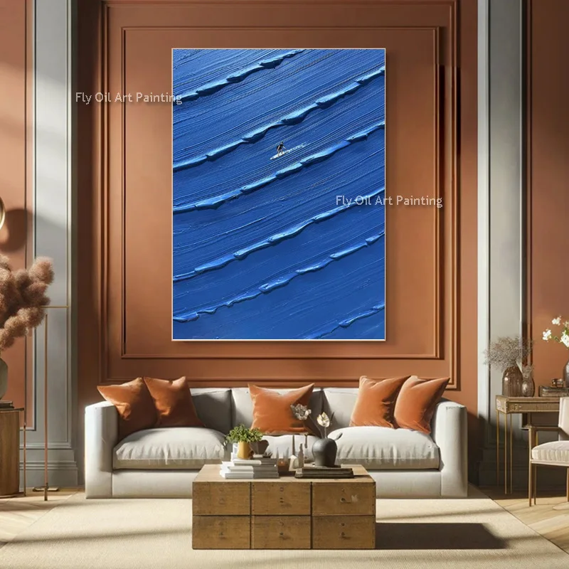Simple Abtsact Pure Navy Blue Knife Thick Artwork Handmade New Home Wall Decor Itmes Blue White Sea People Surfing Oil Painting