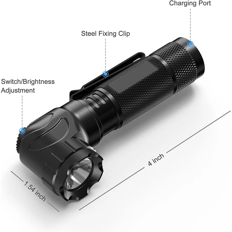 500lm Right Angle Flashlight Tactical Flashlight Led Light Rechargeable Compact Torch for Hunting Fishing Camping(3.9X1.6X1in)