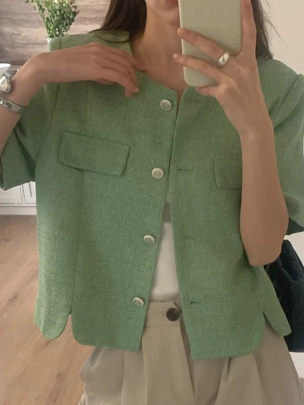 

Slimming Effectiven Retro Small Fraance Sle Thi Tweed Single Button ort Sve round Ne ort Coat for Women Summer