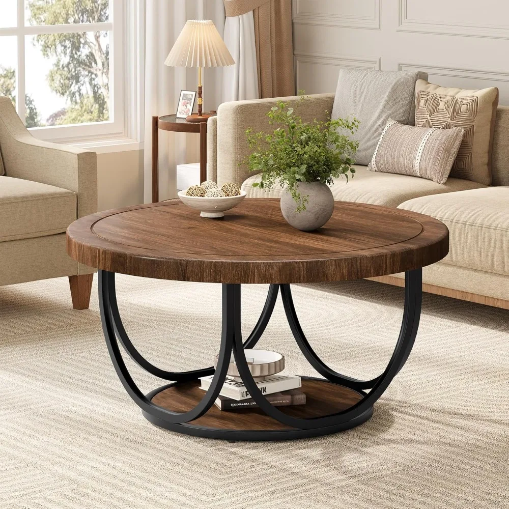 Round Two-Tier Wooden Coffee Table with Metal Frame and Storage Shelf